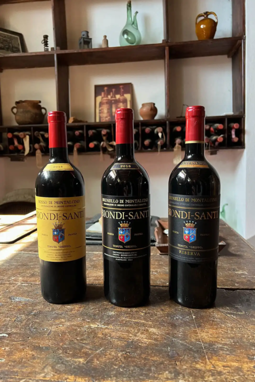 Three wines from Biondi-Santi: Rosso di Montalcino, Brunello di Montalcino and Brunello di Montalcino Riserva.